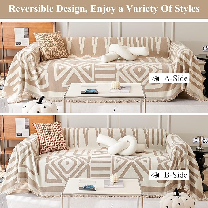STACYPIK Khaki Beige Sofa Cover for Dogs Cats Boho Couch Cover for 3 Cushion Couch Soft Plaid Triangle Couch Cover Reversible Furniture Protector Loveseat Cover Non Slip Sectional Couch Cover-91X118IN