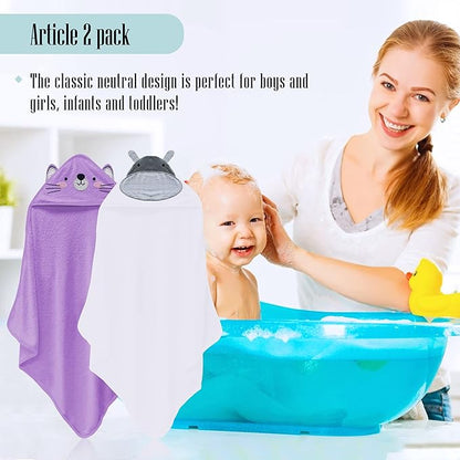 Cute Castle 2 Pack Hooded Baby Towel Rayon Made from Bamboo with 8 Washcloths - Soft Bath Towel for Bathtub for Babie, Newborn, Infant, Natural Baby Stuff Towel (Hippo and Cat)