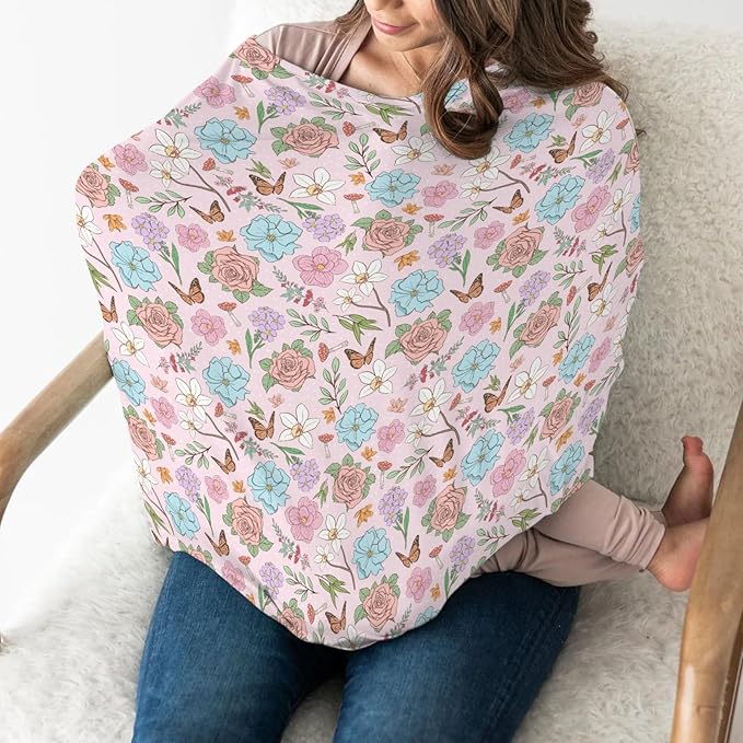 Vintage Wildflowers Baby Car Seat Covers Pink Floral Leaves Mushroom Butterflies Stretchy 5-in-1 Cover Adjustable Car Canopy Breastfeeding Cover Spring Garden Breathable Nursing Cover-Up
