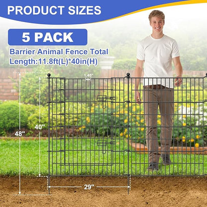 5 Panels No Dig Decorative Garden Fence with Gate, 40 in(H) X 11.8 ft(L) Outdoor Dog Rabbits Fence, Animal Barrier Pet Fencing Rustproof Metal Wire Panel Border for Yard, Patio, Flower Bed