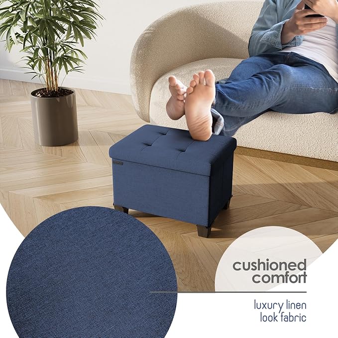 STORAGEBUD Storage Ottoman Cube with Small Bin, 16-in Square Ottoman with Storage for Living Room and Bedroom, Small Ottomans Foot Rest, Fabric Foot Stools Ottomans Max 330lbs, Blue