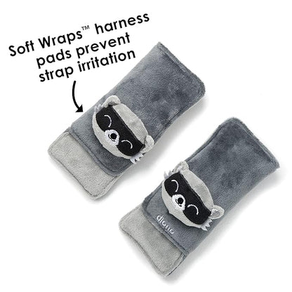Diono Baby Racoon Character Car Seat Straps & Toy, Shoulder Pads for Baby, Infant, Toddler, 2 Pack Soft Seat Belt Cushion and Stroller Harness Covers Helps Prevent Strap Irritation