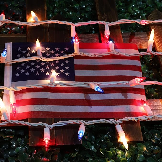 LAMPHOME Red White Blue String Lights, 63.8Ft 300 White Wire Fairy Lights, 4th of July Patriotic Lights, Memorial Day Outdoor Fairy Lights for Independence Day Patriotic Decor