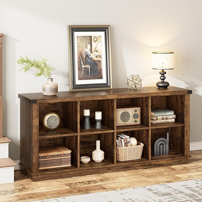 GarveeHome 8 Cube Storage Organizer Bookshelf, 3 Tier Farmhouse Horizontal Bookcase, 62 Inch Wood Storage Bookcase for Entryway, Long Low Bookshelves for Living Room-Retro Brown