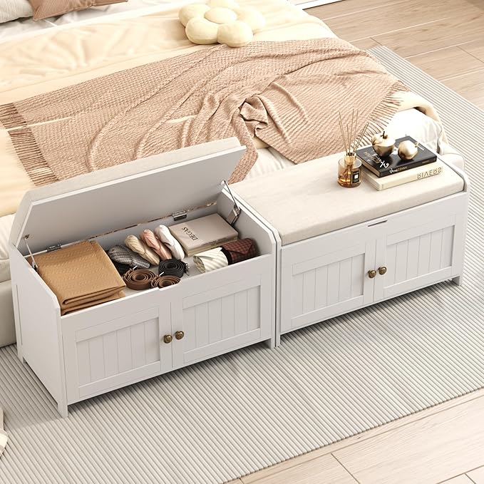 HOMEFORT 30" Shoe Bench with Lift Top Storage, Entryway Bench with Cushioned Seat, Wooden End of Bed Bench, Shoe Cabinet Bench with Hidden Storage Space, for Bedroom, Hallway,White