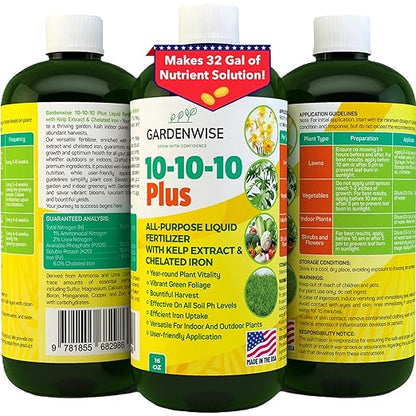10-10-10 All Purpose Plant Food - Liquid Fertilizer with Seaweed Kelp & Iron - Indoor & Outdoor Plant Food, Vegetables, Flowers, Lawn & Garden 1x16 oz