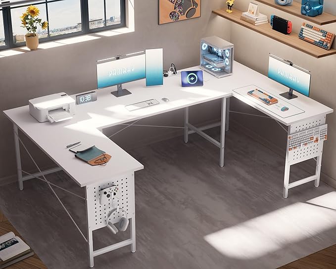 Pamray 71 Inch Large Computer Desk with Power Outlets,U Shaped Corner Desk for Home Office Work and Gaming White