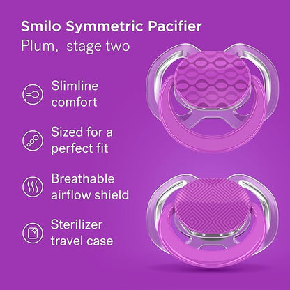 Smilo Baby Pacifier - 2 Pack of Slimline Pacifiers for Babies with Sterilization Box - Stage 2 for Babies 3-9 Months - 100% Silicone Newborn Pacifiers BPA Free - Plum Purple