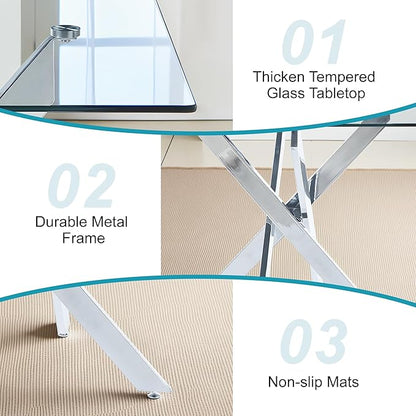 Dining Table for 4 Modern 35.43" Rectangular Glass Dining Table Kitchen & Dining Room Tables with Metal Base for Dining Room and Apartment, Chrome
