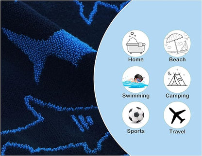 ORIGINAL KIDS 6 Piece Towel Set - Bath Time Shark Attack- 2 Bath Towels, 2 Hand Towels, 2 Washcloths - 100% Cotton Jacquard Soft Absorbent Quick Dry Pool Beach Towel Gift - Navy Blue