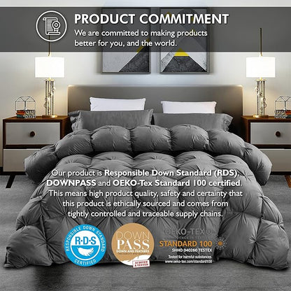 Luxurious Goose Down Feather Fiber Comforter Oversize California King Size Duvet Insert, Pinch Pleat Ruffled Twisted Flower, 108 x 98 inches, 100% Egyptian Cotton Cover, 80 oz. Fill Weight, Gray