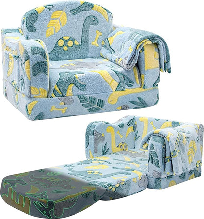 Comfy Toddler Chair and Couch for Kids with Blanket,2-in-1 Soft Plush Fold Out Toddler Couch for Girls and Boys,Convertible Sofa to Lounger for Playroom,Glowing Dinosaur