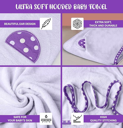 Set of 2 Hooded Baby Towels – White and Purple – Luxurious, Large and Super Absorbent – 35 x 35 Inch – Soft and Suitable for Infants, Toddlers and Kids – 400 GSM