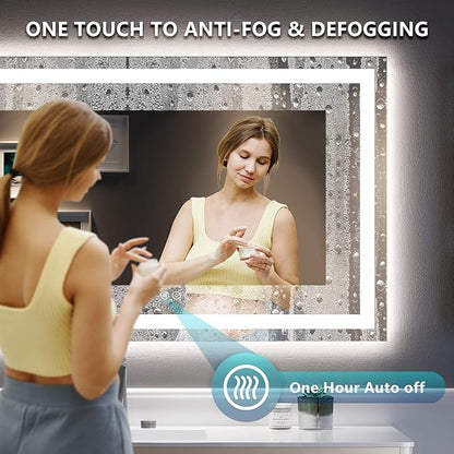 60x40 Inch LED Bathroom Mirror with Lights Front and Backlit Lighted Vanity Mirror for Bathroom Wall with 3 Colors Dimmable Anti-Fog Memory Shatter-Proof IP54 Waterproof Horizontal/Vertical