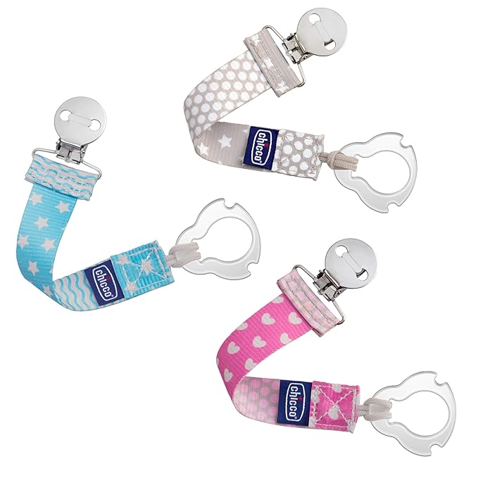 Chicco Two-in-One Pacifier Clip with Loop & Ring Attachment, Loop for Teethers and Small Toys, Ring Included for Knob-Style Pacifiers, Secure Clasp is Gentle on Clothing, One-Piece Design, Pink