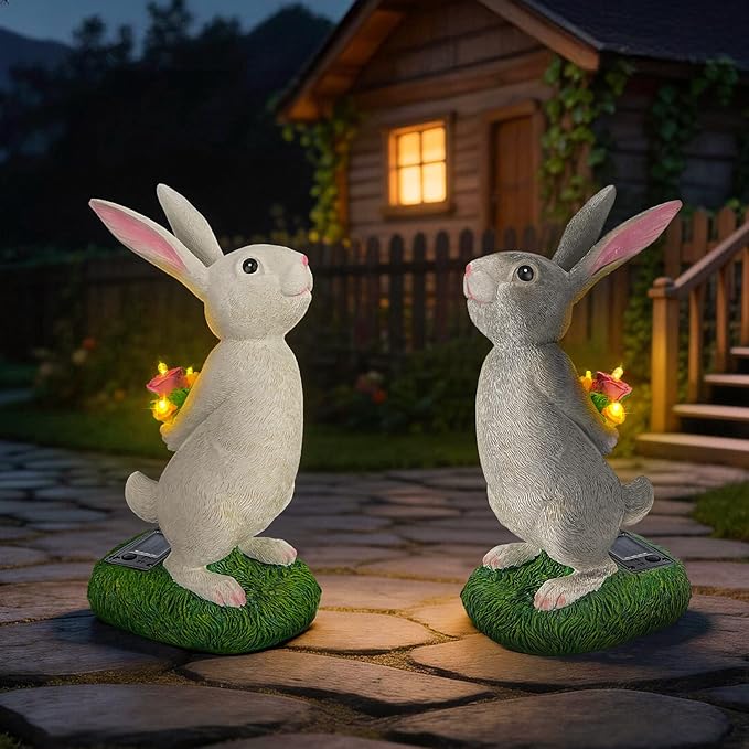 Solar Garden Rabbit Statue with LED Flowers, Grey Resin Hare Figurine Decor for Patio, Yard, Lawn Outdoor Ornament, Ideal Easter, Birthday Gifts for Women, Mother & Garden Lovers