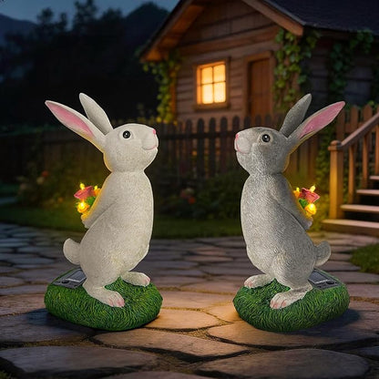 Solar Garden Rabbit Statue with LED Flowers, Grey Resin Hare Figurine Decor for Patio, Yard, Lawn Outdoor Ornament, Ideal Easter, Birthday Gifts for Women, Mother & Garden Lovers
