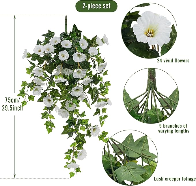 Artificial Flowers Faux Outdoor Plants Artificial Petunias for Outdoors Uv Resistant Fake Petunias Plants Hanging Flower Patio Decor Outside Basket Realistic Silk Plant No Pot(White 2pcs)