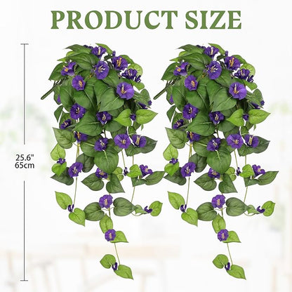 Briful Artificial Hanging Flowers 2 Pack 25.6" Fake Morning Glory Silk Floral Bush Faux Hanging Plants Outdoor Fake Flowers for Home Porch Garden Balcony Decoration(Purple)