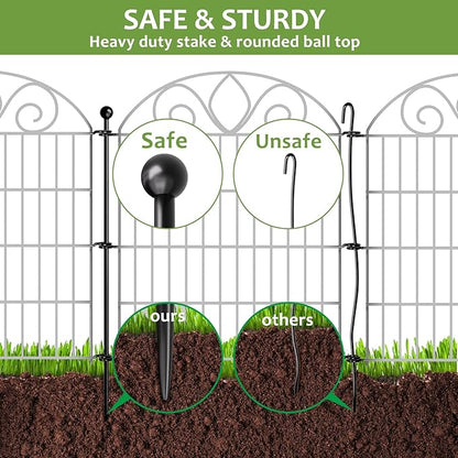 5 Panels No Dig Decorative Garden Fence with Gate – 28" H X 9.8' L Rustproof Metal Dog Fence Outdoor for Yard, Animal Barrier Fence for Pet, Garden Border, Patio, Flower | Temporary Fencing