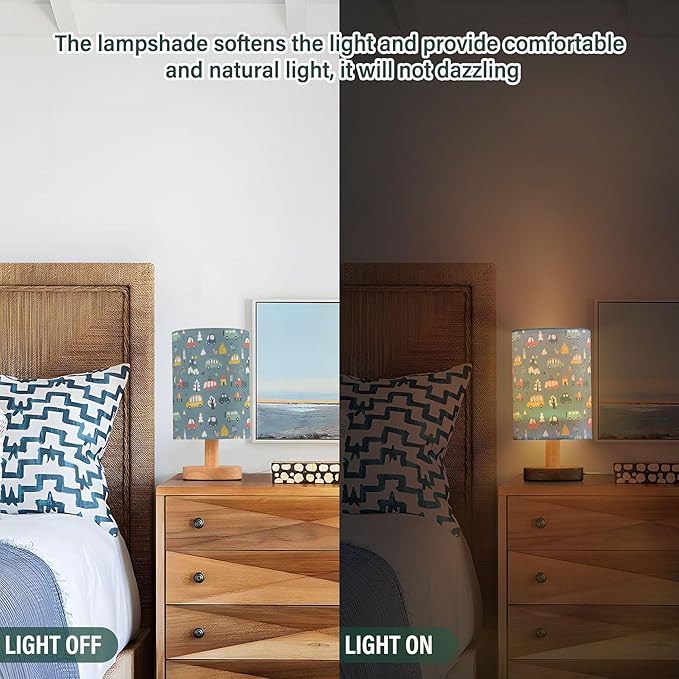 Table Lamp Cute Cars Pattern Cartoon Transportation Doodle Nightstand Lamp with Wood Base Fabric Lamp Shade Bedside Desk Lamp for Living Room Bedroom Kids Room Office