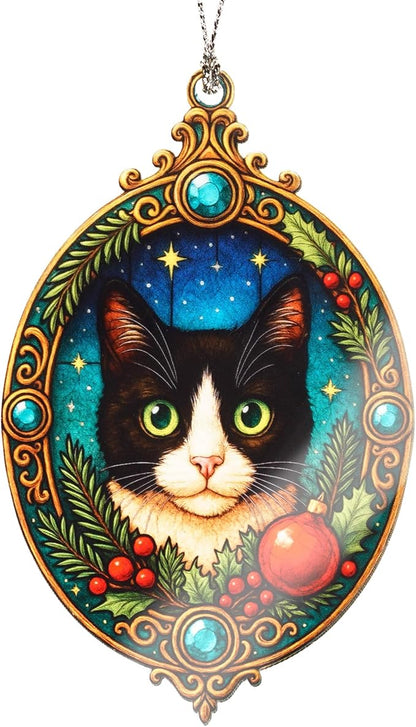 Cat Ornament – Tuxedo Cat Decor – Pet Lover Ornament – Holiday Tree Decoration – Suncatcher Effect Stained Glass Window Hanging – Car Hanging