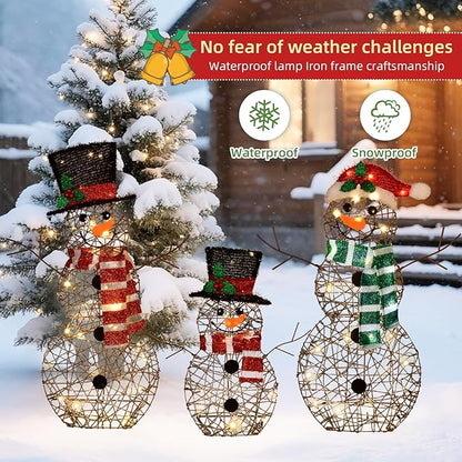 3-Piece Lighted Snowman Family Set - Large 2D Outdoor Christmas Yard Decoration with 80 Warm White LED Lights, Holiday Display for Lawn & Garden - Rattan
