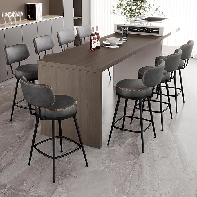 Counter Height Bar Stools, 26" H Swivel Barstools Set of 8, Faux Leather Kitchen Counter Stools with Back and Stylish Stitching, Metal Frame, Pub, Home Bar, Black Grey