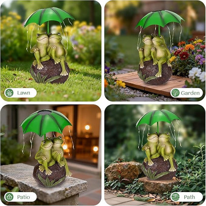Solar Garden Statues Decor Frog Couple with LED Lights and Umbrella, Outdoor Garden Statues, Frog Statue for Patio, Balcony, Housewarming, Yard Ornaments Gifts for Women