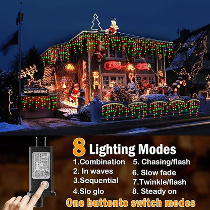 KNONEW 99ft 1216 LED Christmas Lights Outdoor Decorations with 228 Drops, 8 Modes Curtain Fairy Light, Clear Wire LED String Light Decor for Wedding Party Christmas (Red and Green)