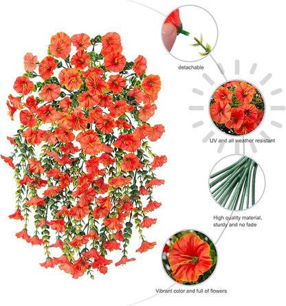 Ivydale 2 PCS Artificial Fall Hanging Flowers Fake Plants Outdoor,Silk Morning Glory Faux Flowers with Eucalyptus,UV Resistant Realistic Petunias Plants for Home Garden Decor (Orange(Leaves Green))