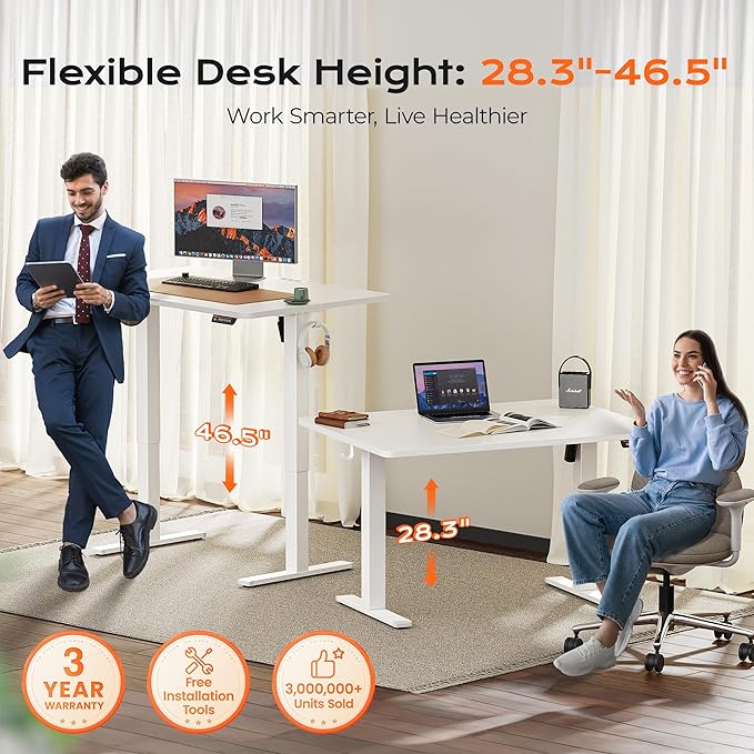 Huuger 48 x 28 Large Electric Standing Desk, Height Adjustable Desk, 27.6" Deep Desktop, Stand up Gaming, 2 Hooks, 3 Preset Heights, for Home Office, White