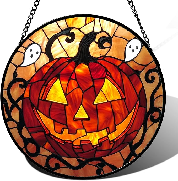 Stained Glass Window Hanging - Halloween Decorations Evil Pumpkin Orange Suncatcher for Doors Garden Indoor Funny Spooky Sun Catchers Gothic Decor Horror Gifts for Women Men Friend 11.8 in