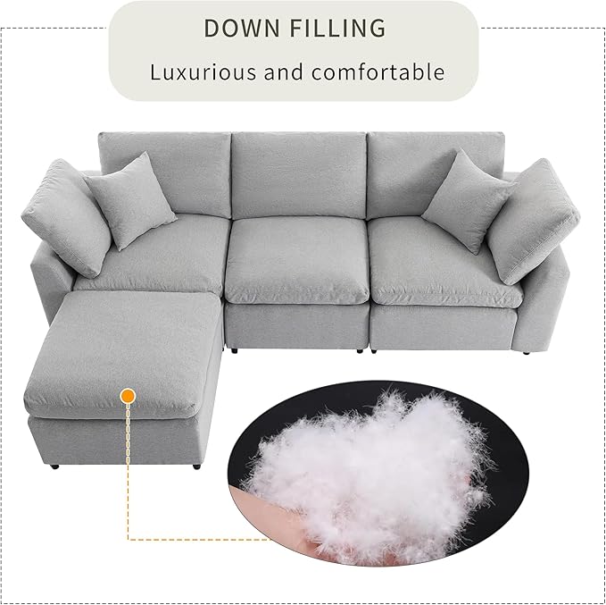 104.3 Inch L-Shaped Modular Sectional Sofa with Reversible Chaise and Pillows, Down Filled Upholstered Convertible Corner Couch for Living Room, Bedroom, Office, Apartment, Light Gray