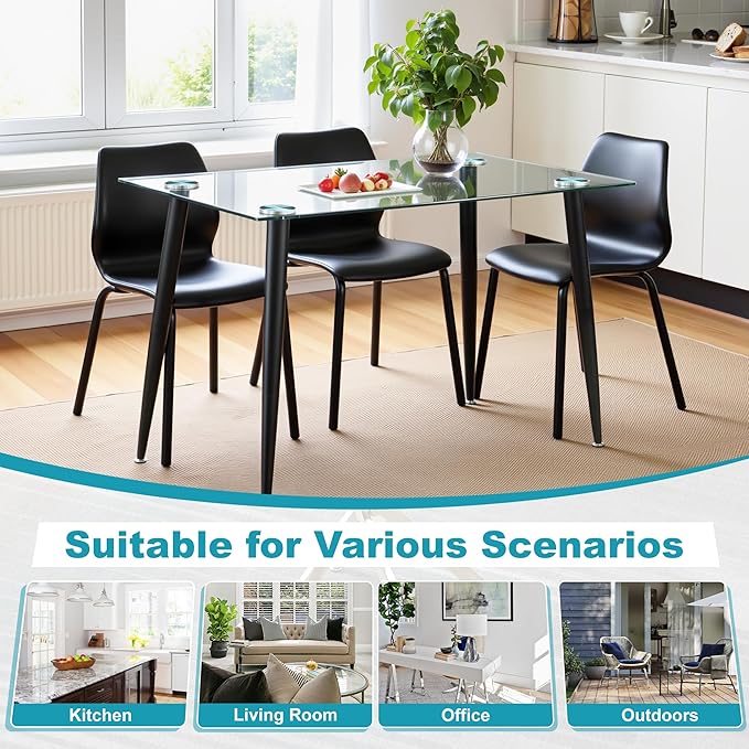 Dining Table for 6 Kitchen Table 47.2" Rectangular Modern Glass Dining Table Kitchen & Dining Room Tables with Glass Tabletop and Metal Legs for Dining Room and Kitchen, Black