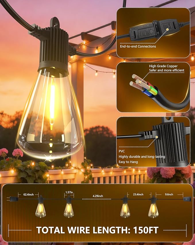 Outdoor String Lights 150ft, LED Patio Lights with 78 (75+3 Spare ST38 Shatterproof Bulbs), IP 65 Waterproof, Outside Hanging Light for Cafe Bistro Backyard (150 ft-78 Bulbs)