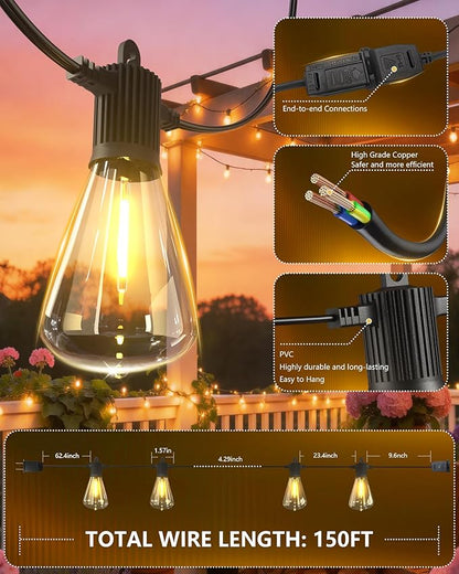 Outdoor String Lights 150ft, LED Patio Lights with 78 (75+3 Spare ST38 Shatterproof Bulbs), IP 65 Waterproof, Outside Hanging Light for Cafe Bistro Backyard (150 ft-78 Bulbs)