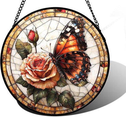 Stained Glass Window Hanging, Butterfly Picking Flowers Suncatcher for Doors Home Sun Catchers Decoration and Christmas, Mother's Day Birthday Gifts for Women, Men, and Mom 7.8 in