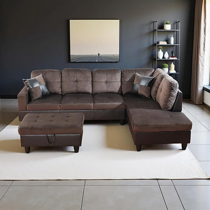 Couches for Living Room Comfy Flannel Fabric 3 Pieces Sectional Sofa with Chaise, Ottoman with Storage for Office and Small Apartment, Dark Brown