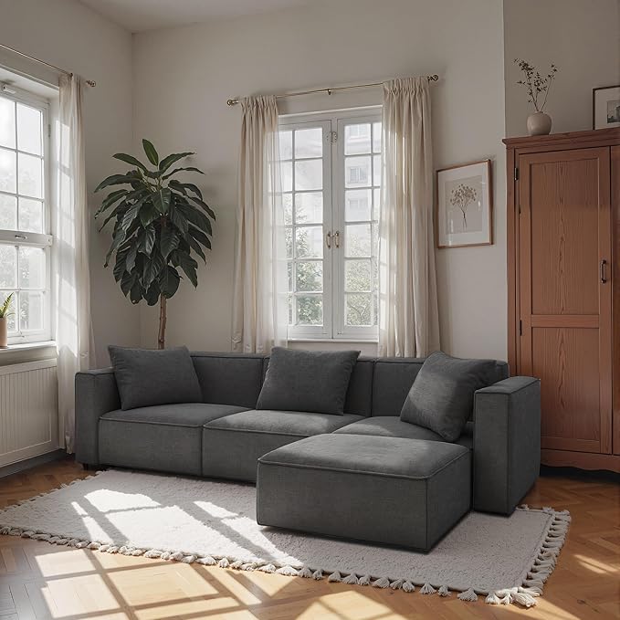 Acanva Luxury Modular Sectional Living Room Sofa Set, Modern Minimalist Style Couch with Ottoman and Chaise, L-Shape, Dark Grey
