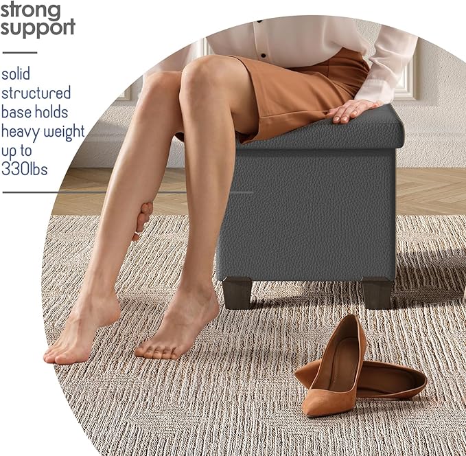 STORAGEBUD Storage Ottoman Cube with Small Bin, 16-in Square Ottoman with Storage for Living Room and Bedroom, Small Ottomans Foot Rest, Faux Leather Foot Stools Ottomans Max 330lbs, Grey
