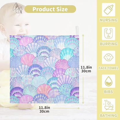 vvfelixl Baby Washcloths Cotton Sea Shell Mermaid Scales Baby Muslin Washcloths Ocean Soft Baby Face Towel for Newborn Infants Baby Wipes, 11.8 X 11.8 Inch, 5 Pack Pink