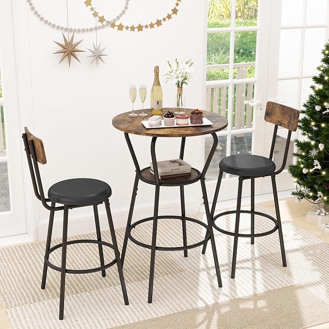 3-Piece Round Bar Table and Chair Set, Small Dining Table for 2, Breakfast Table with 2 Upholstered Stools, Modern Kitchen Bar Table, for Kitchen, Dining Room & Bistro-Rustic Brown