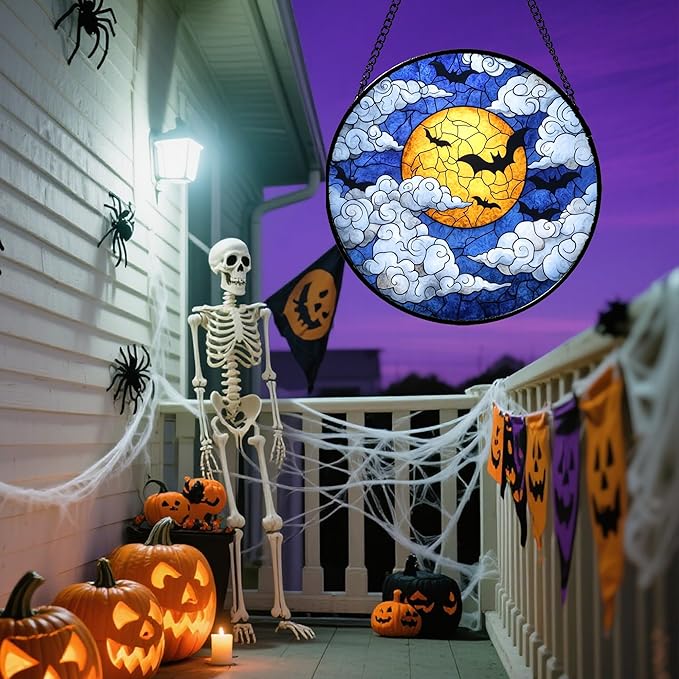 Stained Glass Window Hanging - Halloween Decorations Bats Moon Clouds Suncatcher for Doors Garden Indoor Spooky Funny Sun Catchers Gothic Decor Horror Gifts for Women Men Friend 11.8 in