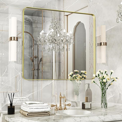 28×32 Glod Bathroom Mirror, Rectangular Bathroom Vanity Mirror for Wall with Rounded Corners & Aluminum Alloy Frame, Tempered-Glass, Modern, Farmhouse, Horizontal/Vertical, Entryway, Bedroom