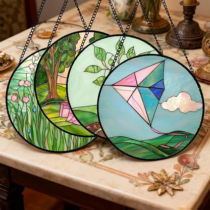 Stained Glass Window Hanging 4 Pcs Set Pink Green Spring Saplings Flowers 6.3" - Suncatcher Door Garden Sun Catcher Home Decor Mother's Day for Woman Nana Mom Men