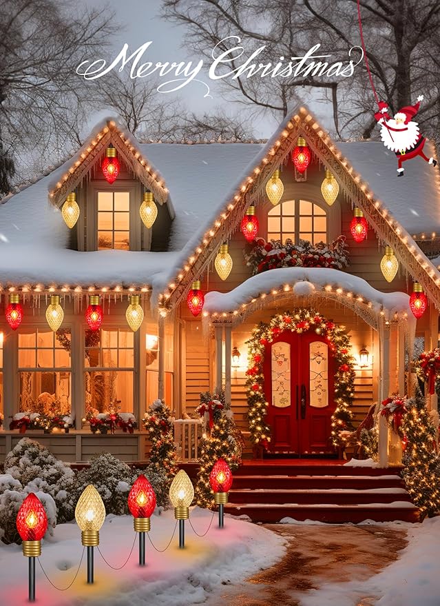 Strawberry Jumbo C9 Christmas Pathway Lights Outdoor - 8.5 FT 5 LED Large C9 Pathway Lights, Hanging Jumbo Christmas Light Outdoor Decorations for Lawn Holiday Yard, Red & Warm White