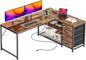 PRAISUN 53" L Shaped Desk with Power Outlets and USB-C Port, Reversible Computer Corner Office Desk with 4 Fabric Drawers and 2 Height-Adjustable Shelves, Large for Gaming Writing Study, Rustic Brown
