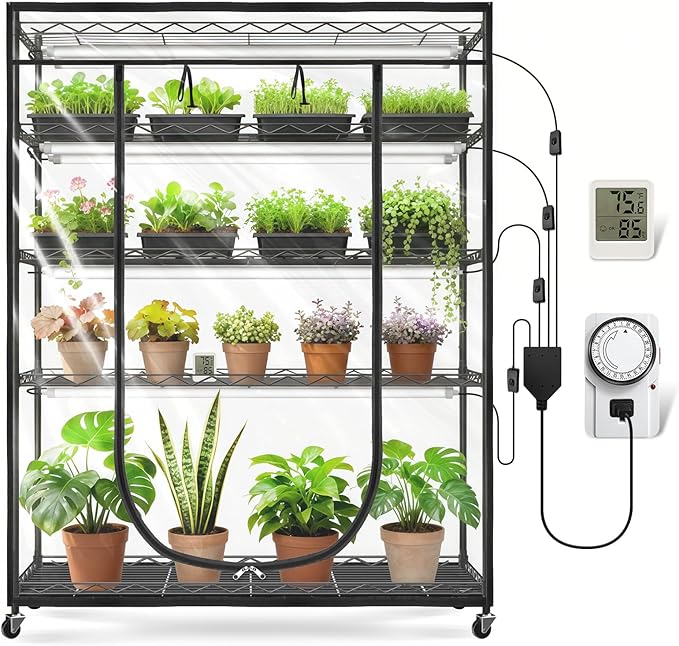 JESLED Indoor Greenhouse with Grow Light, 4FT Full Spectrum 5000K LED Light for Seed Starting, Tiered Lighting Control, Built-in Timer & Thermo-Hygrometer, Rolling Metal Plant Stand (47.2x13.8x70IN)