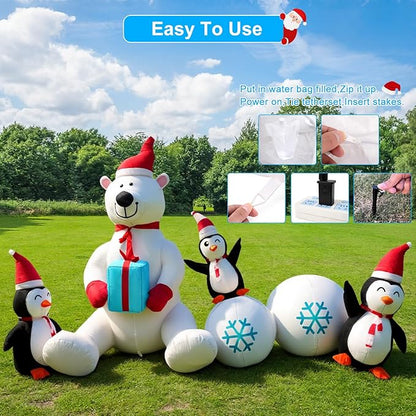 8FT Giant Inflatable Christmas Decorations Cute Polar Bear Penguin Combo，Holiday Decor with LED Lights, Ideal for Outdoor and Indoor Decor for Lawn, Garden, terraces,Xmas Holiday Party New Year
